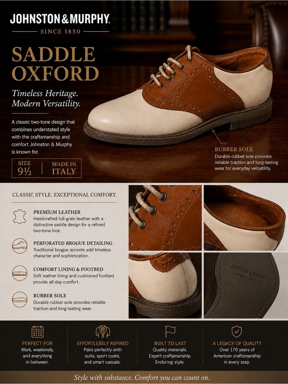 Johnston & Murphy Two-Tone Saddle Oxford — Brown & Cream